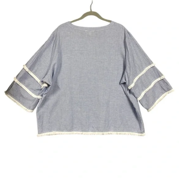 NEW Cynthia Rowley Linen Blend Fringe Sleeve Striped Nautical Blouse Sz 2X Blue - Picture 3 of 7